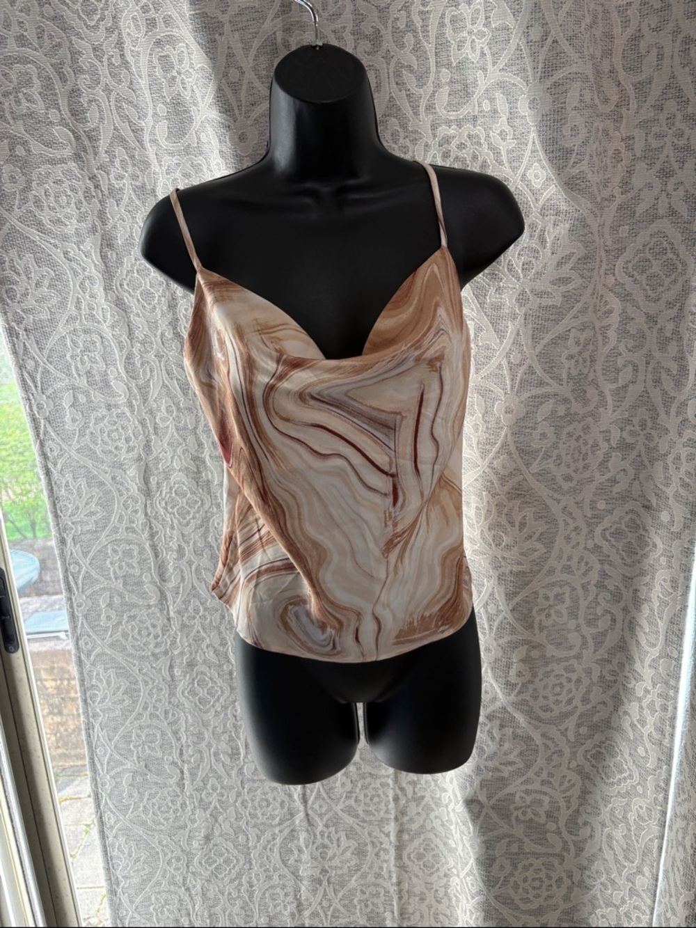 San Souci small Women’s Marble-Print Satin Cowl Neck Cami - Cream & Brown - NWT